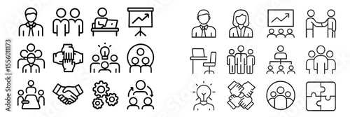 Collaboration and teamwork icons for business, education, and networking activities in various layouts and designs