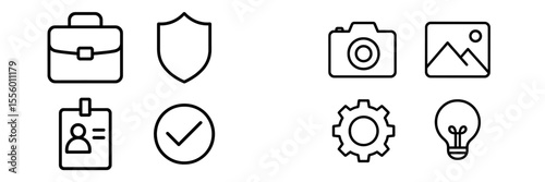 Icons representing various concepts including work, security, photography, and creativity in a modern style