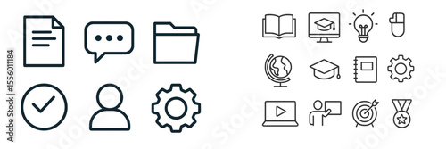Collection of educational and professional icons representing various activities and concepts used in digital and printed media