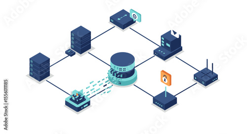 Data network security concept vector illustration in isometric style for it infrastructure poster design