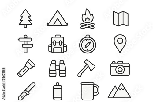 Camping essentials and outdoor gear arranged for a nature adventure plan in a simple line art style