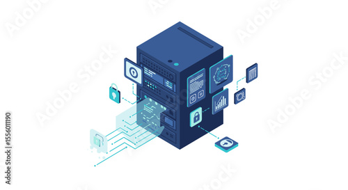 Modern data center technology vector illustration: isometric design for it and network solutions