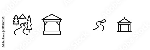 Iconic outdoor symbols depicting nature, paths, and gazebos representing peaceful settings and recreational activities