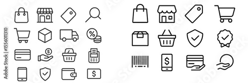 Collection of shopping and payment icons showcasing various retail activities and services in a minimalistic style