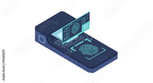 Biometric technology security digital fingerprint vector illustration in isometric style for modern tech designs