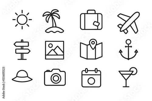 Collection of travel-themed icons depicting sun, palm tree, suitcase, airplane, and more in a simplistic design
