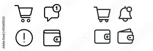 Collection of simple icons representing shopping, notifications, and wallets in a minimalist style