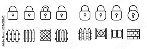 Collection of lock and fence icons designed in a simple, minimal style for use in digital projects or graphic design