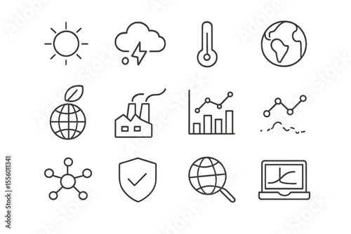Weather symbols and environmental icons illustrated on a grid layout representing climate change and its impact