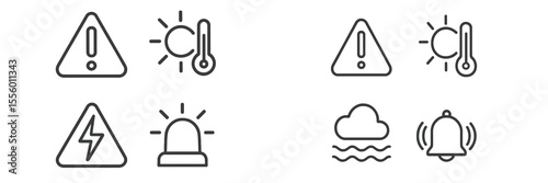 Weather warning symbols indicating temperature, lightning, and alerts for environmental conditions
