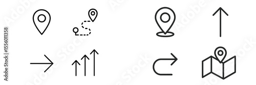 Navigation icons illustrating directions and locations in a minimalist style for guidance and mapping