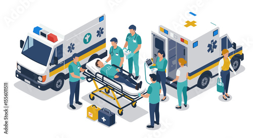 Emergency medical response scene vector illustration: paramedics assisting patient in isometric style
