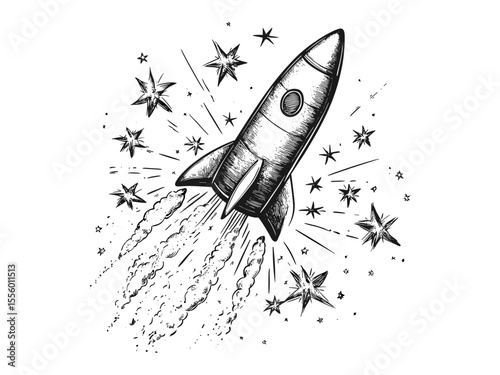 New Year fireworks rocket engraving, vintage sketch style, festive celebration icon, hand-drawn holiday decor, trendy party motif, black sketch, classic engraving art, seasonal design