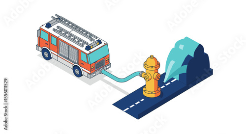 Fire truck and hydrant isometric vector illustration: emergency response design for posters