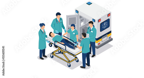 Emergency medical response team assisting patient - vector illustration for health care design in isometric style