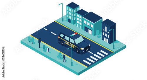 Urban police scene vector illustration: isometric cityscape design for education and posters