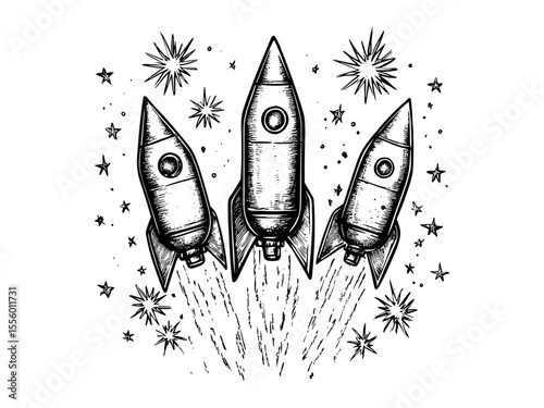 Hand-drawn holiday decor, New Year fireworks rocket engraving, vintage sketch style, festive celebration icon, trendy party motif, classic black sketch, retro engraving, seasonal event illustration