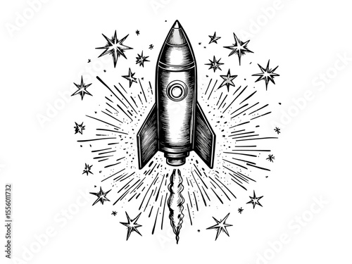 Festive celebration icon, New Year fireworks rocket, vintage hand-drawn sketch, old engraving style, holiday decor, trendy party motif, classic black sketch, seasonal festive artwork