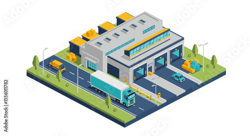 Isometric warehouse and logistics center vector illustration for print or poster design
