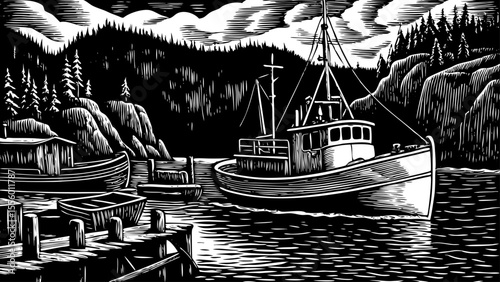 Docked fishing boat in a quiet northern harbor, a black and white sketch vector hand drawn