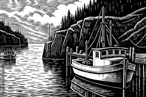 Docked fishing boat in a quiet northern harbor, a black and white sketch vector hand drawn