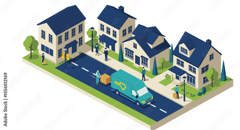 Suburban neighborhood delivery vector illustration - isometric style for logistics and urban planning Suburban neighborhood delivery vector illustration - isometric style for logistics and urban planning