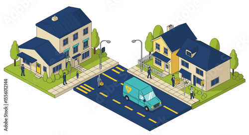 Isometric cityscape with delivery van and houses vector illustration for posters and cards