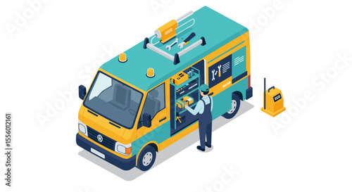 Mobile auto repair service concept vector illustration in isometric style for design and print