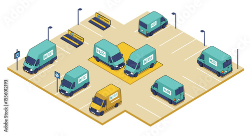 Isometric parking lot with delivery vans vector illustration for urban transport design