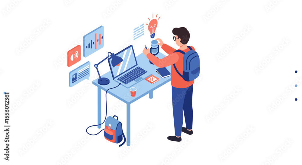 Fototapeta premium Isometric business office vector illustration: remote work, technology, young professional, design for presentation, flat style