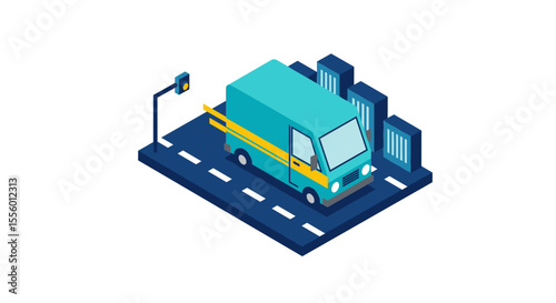 Isometric delivery van on road: vector illustration for logistics and transport design