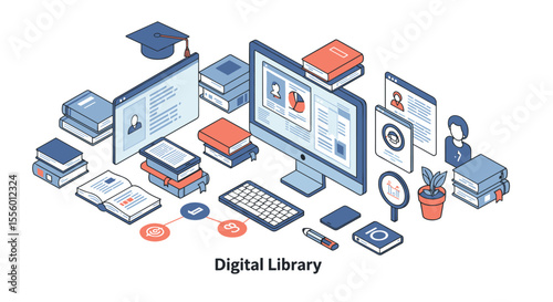 Digital library vector illustration for online learning and education in isometric style