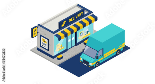 Isometric vector illustration of a delivery service shop with a delivery van for e-commerce and logistics design