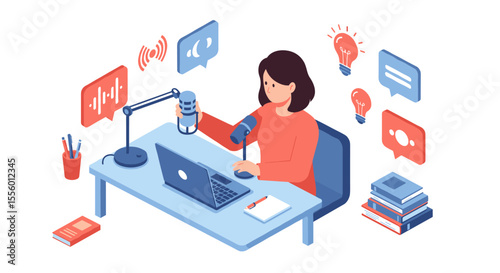Podcasting concept design with isometric vector illustration for content creation and media production