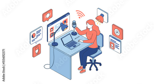 Podcast creation in modern workspace vector illustration for social media design, flat isometric style