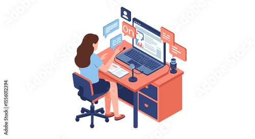Podcasting preparation: isometric vector illustration for content creators
