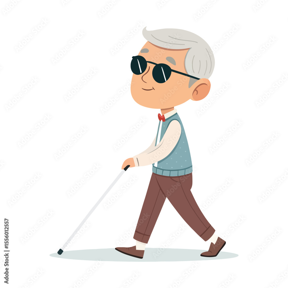 Obraz premium A Guiding Hand: An illustration shows a person with visual impairment confidently navigating their path using a cane, symbolizing independence and resilience.