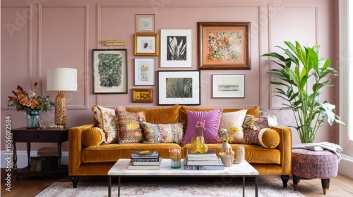 maximalist living room, dusty pink wall, mixed frame gallery, mustard couch, colorful printed pillows, layered textures, soft light