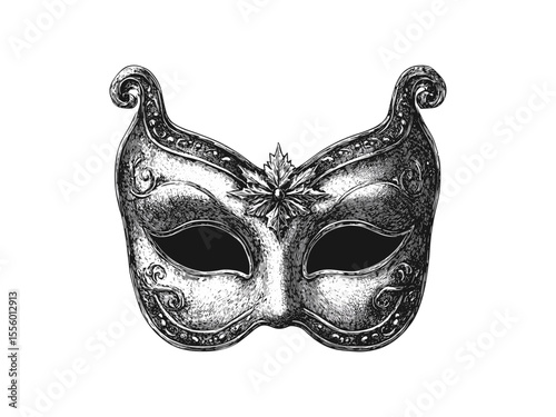 Black sketch party mask, vintage New Year celebration icon, hand-drawn festive artwork, old engraving motif, retro holiday decor, antique festival line design