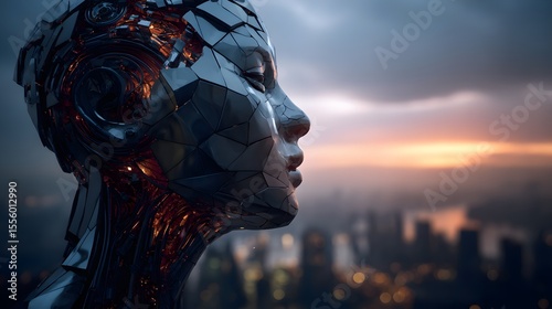 Futuristic Female Android Head with Metallic Surface Against Urban Sunset Skyline perfect for sci-fi book covers, tech industry campaigns, AI concept art, and futuristic movie posters
