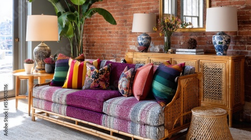 maximalist living room, melange fabric sofa, brick wall, rattan sideboard, layered textiles, contrast lighting accents