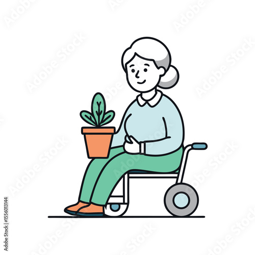 Elderly Woman with Plant: A cheerful elderly woman in a wheelchair gently holds a potted plant, radiating contentment and serenity.