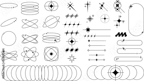 aesthetic minimalist abstract lines with stars y2k futuristic retro arch stroke design set template 