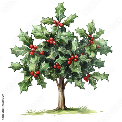 A Holly Tree, watercolor clipart vector, isolated on a white background.