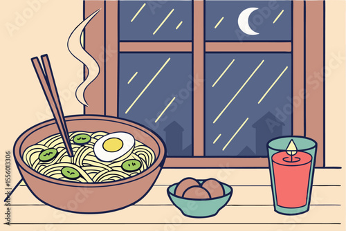 Cozy Indoor Scene with Steaming Bowl Vector Illustration for Warmth and Comfort