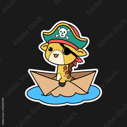 Cute Pirate Giraffe with Eye Patch in Paper Boat Floating on Water