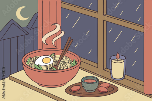 Cozy Indoor Scene with Steaming Bowl Vector Illustration for Comfort and Warmth
