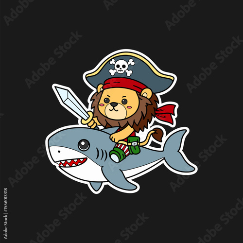 Funny Pirate Lion Riding Shark Cartoon