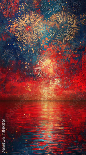 New year's eve fireworks celebration over the calm lake vibrant colors artistic photography nighttime festive atmosphere