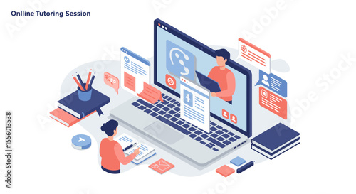 Online tutoring session concept vector illustration in isometric style for educational design